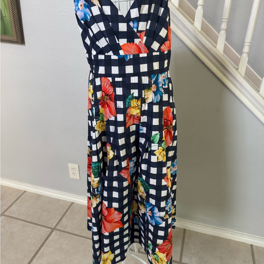 Boston Proper Navy Gingham Floral Midi Dress Sz 12 - Picture 4 of 11